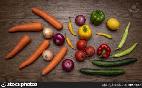 top view vegetables on wooden board