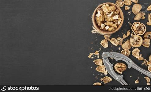 top view walnuts with cracker copy space. Resolution and high quality beautiful photo. top view walnuts with cracker copy space. High quality and resolution beautiful photo concept