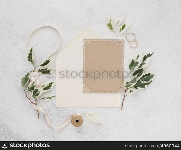 top view wedding invitation card with ribbon