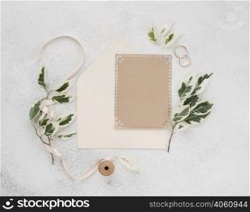 top view wedding invitation card with ribbon