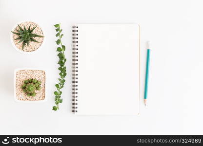 Top view white notebook with cactus on white background, flat lay photo and copy space for design