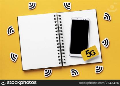 top view wi fi symbols with smartphone notebook