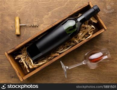 top view wine bottle glass with corkscrew. Resolution and high quality beautiful photo. top view wine bottle glass with corkscrew. High quality and resolution beautiful photo concept