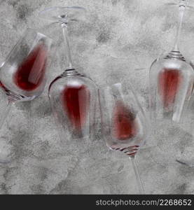 top view wine glasses marble background