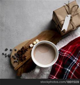 top view winter hygge elements with cup hot chocolate. Resolution and high quality beautiful photo. top view winter hygge elements with cup hot chocolate. High quality and resolution beautiful photo concept