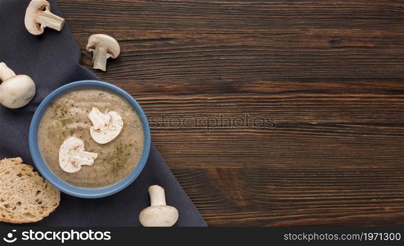 top view winter mushroom soup bowl with copy space. High resolution photo. top view winter mushroom soup bowl with copy space. High quality photo