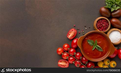 top view winter tomato soup bowl with copy space. High resolution photo. top view winter tomato soup bowl with copy space. High quality photo