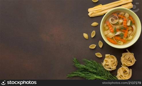 top view winter vegetables soup bowl with