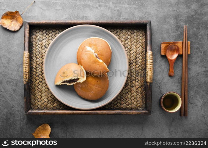 top view wooden tray with pancakes autumn leaves