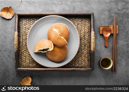 top view wooden tray with pancakes autumn leaves