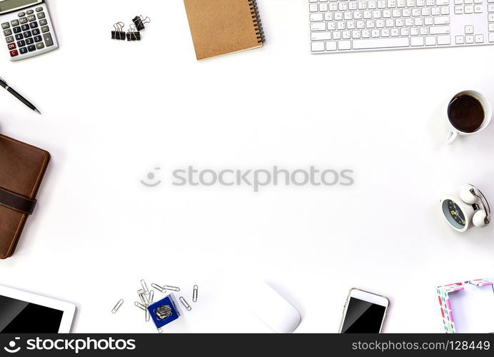 top view work space with tablet and computer