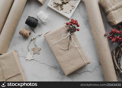 top view wrapped presents arrangement