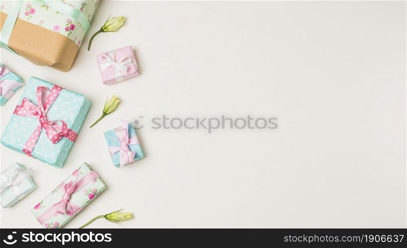 top view yellow flower decorative wrapped present with copy space. High resolution photo. top view yellow flower decorative wrapped present with copy space. High quality photo