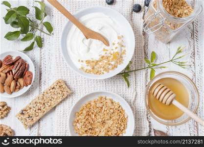 top view yogurt bowl with oats table