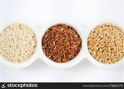 top views Grain and Cereal Set , rice , red rice , wheat,