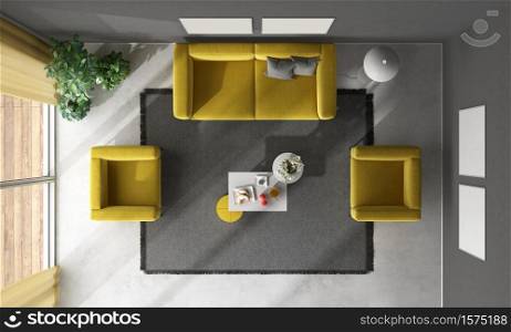 Top wiew of black and yellow living room with sofa,armchairs and coffee table - 3d rendering. Top view of black and yellow living room