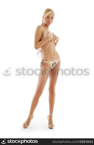 topless bikini girl on high heels over white background
