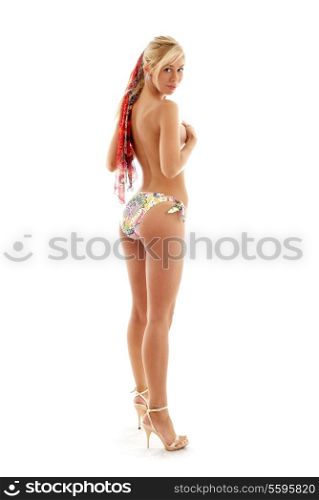 topless bikini girl on high heels over white background