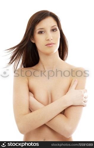 topless brunette with long hair over white