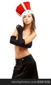 topless girl in black gloves and red crown