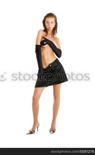 topless girl in black gloves and skirt over white