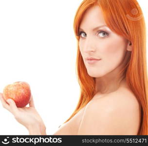 topless redhead woman with red apple over white