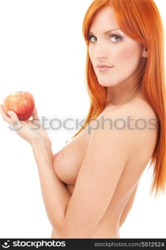 topless redhead woman with red apple over white