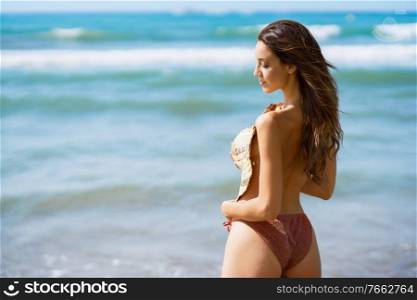 Topless woman in swimwear covering her breasts with a sunhat enjoying the sea. Topless woman in swimwear covering her breasts with a sunhat in the beach