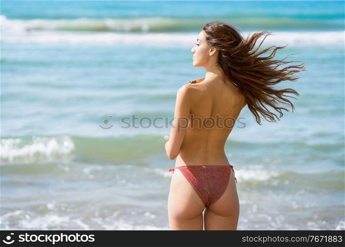 Topless woman in swimwear enjoying the sea with her hair blowing in the wind. Topless woman in swimwear on the beach with her hair blowing in the wind