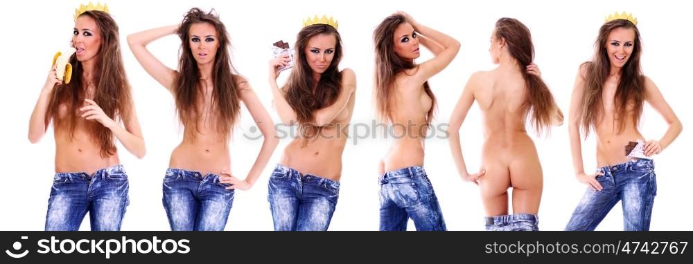 Topless young sexy women in a blue jeans