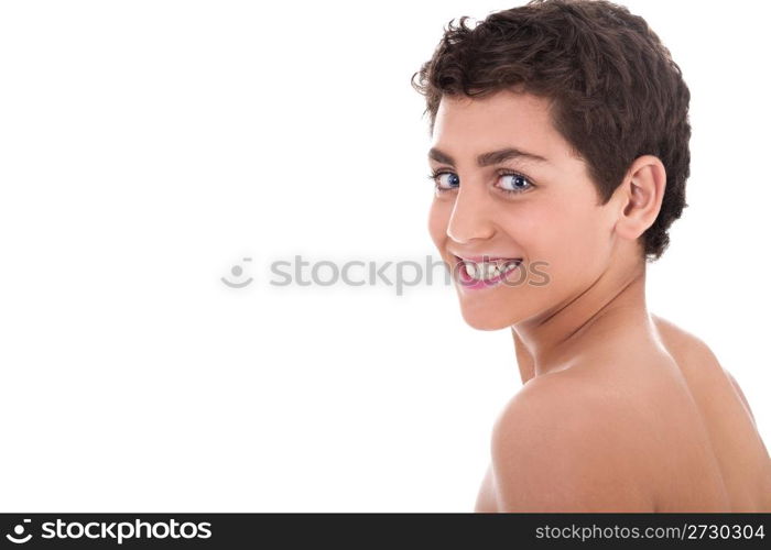 Topless young teenager smiling on white background