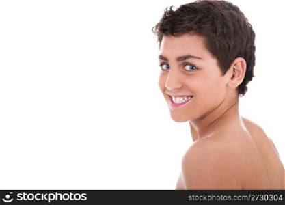 Topless young teenager smiling on white background