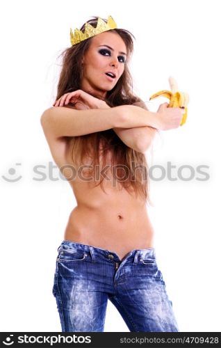 Topless young woman in a blue jeans