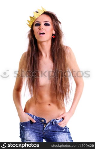 Topless young woman in a blue jeans