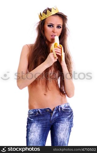 Topless young woman in a blue jeans
