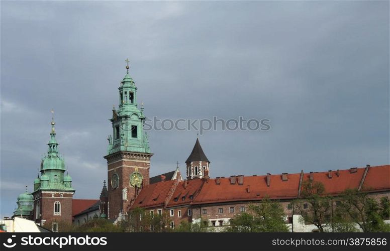 Tops of towers and roofs of the Wawel castle in Krakow, Poland