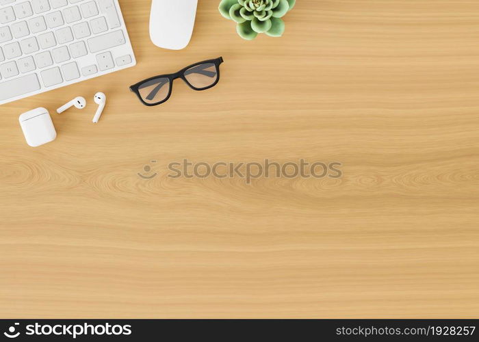 Topview of desktop white desk,working space,working background.