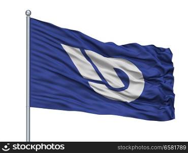 Toride City Flag On Flagpole, Country Japan, Ibaraki Prefecture, Isolated On White Background. Toride City Flag On Flagpole, Japan, Ibaraki Prefecture, Isolated On White Background