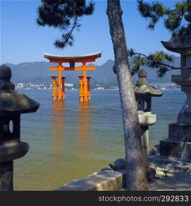 Torii Gate at Itsukushima Shinto Shrine on Miyajima Island in Japan.