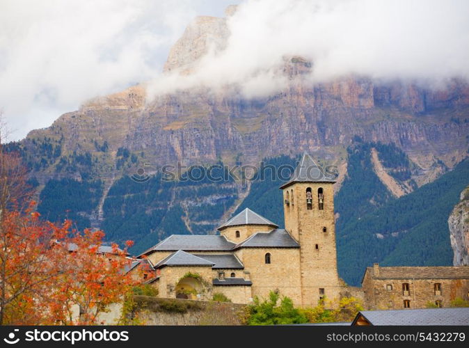 Torla Church in Pyrenees Ordesa Valley door Aragon Huesca Spain