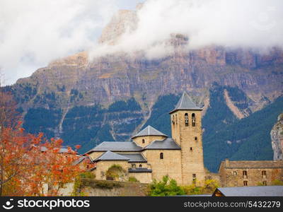 Torla Church in Pyrenees Ordesa Valley door Aragon Huesca Spain