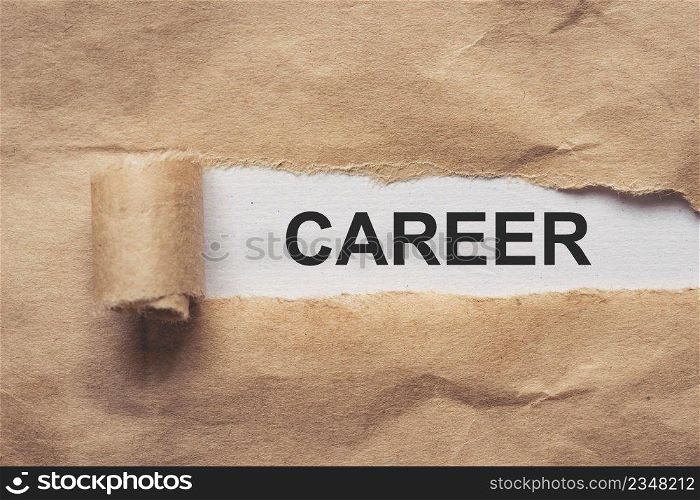 Torn brown paper on white background the text career
