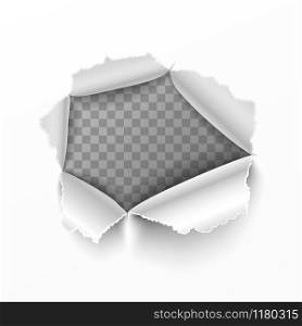 Torn hole in white sheet of paper on transparent background. Torn hole in white sheet of paper