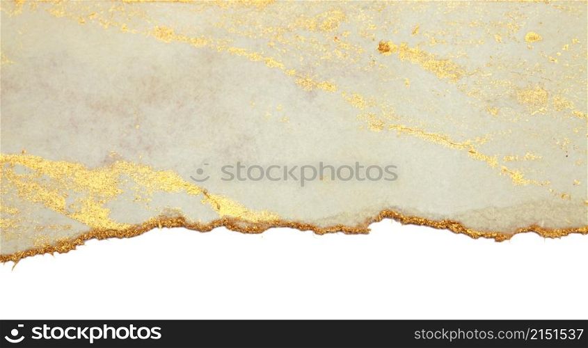 Torn piece of edge Gold (bronze) color paper on white background.