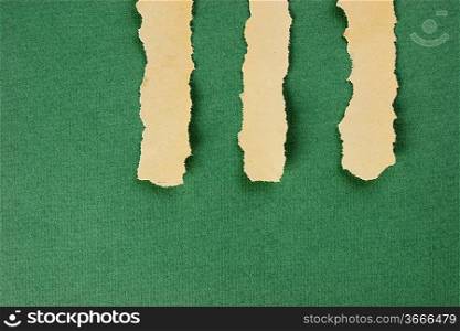 torn strips of newsprint on a green background