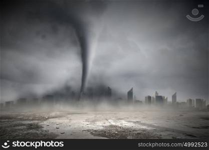 Tornado above city. Image of powerful huge tornado twisting above city