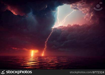Tornado disaster, stormy night over sea with lightning. Tornado disaster