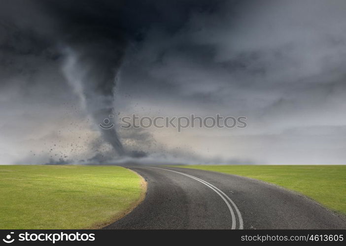 Tornado on road. Image of powerful huge tornado twisting on road