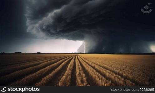 Tornado rages through a field. Illustration Generative AI
