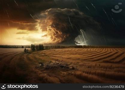 Tornado rages through a field. Illustration Generative AI
